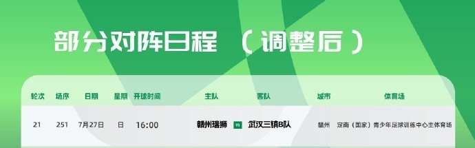 开云官网-官方：赣州瑞狮vs三镇B队比赛被调整至定南训练中心主体育场进行
